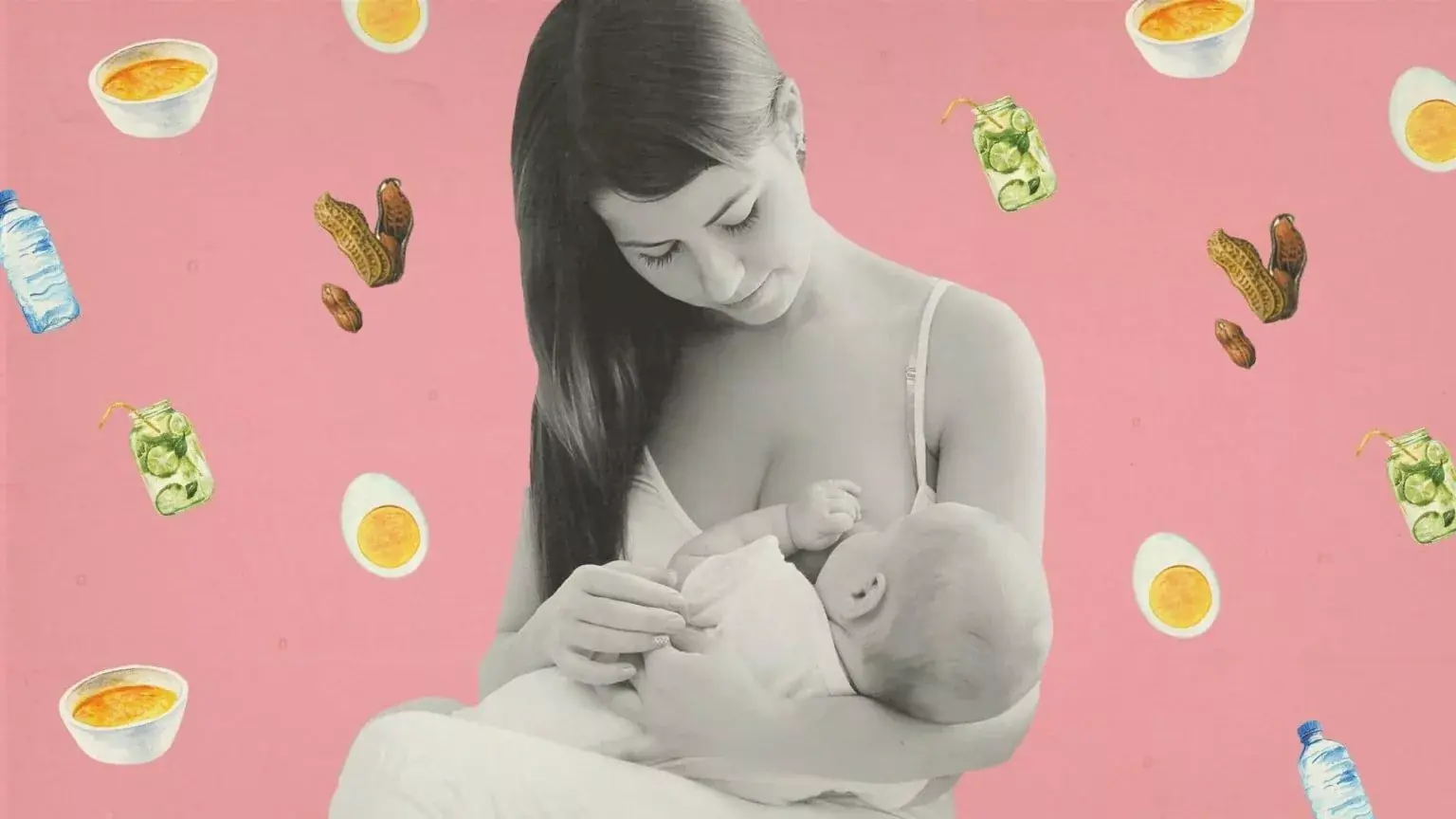 Mãe amamentando cercada de ilustrações de alimentos