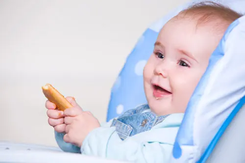 Bebê na cadeirinha segurando um biscoito de polvilho