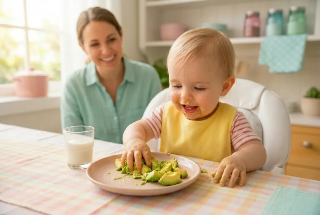 Bebê de 1 ano explorando abacate com as mãos no café da manhã com mãe ao fundo sorrindo