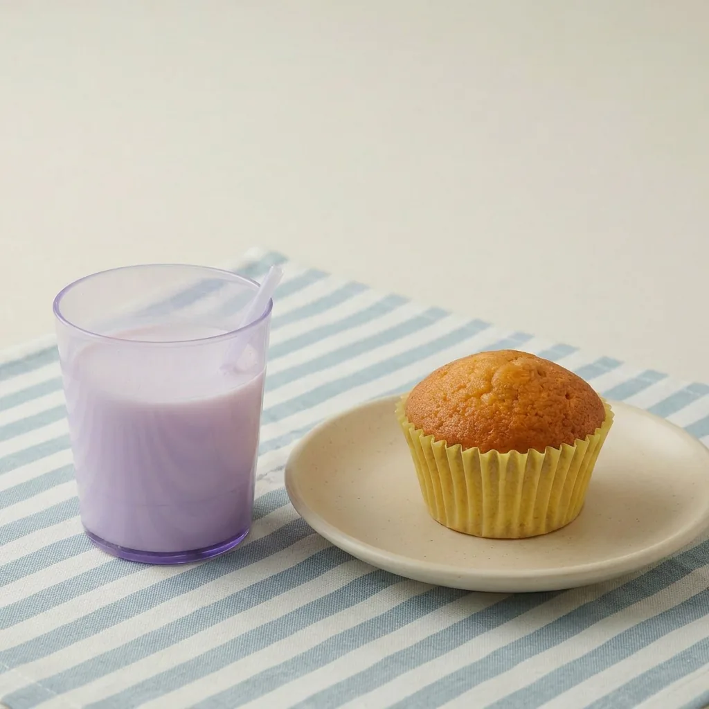 Bolinho de laranja sem açúcar em prato branco ao lado de copo de leite para bebê de 1 ano