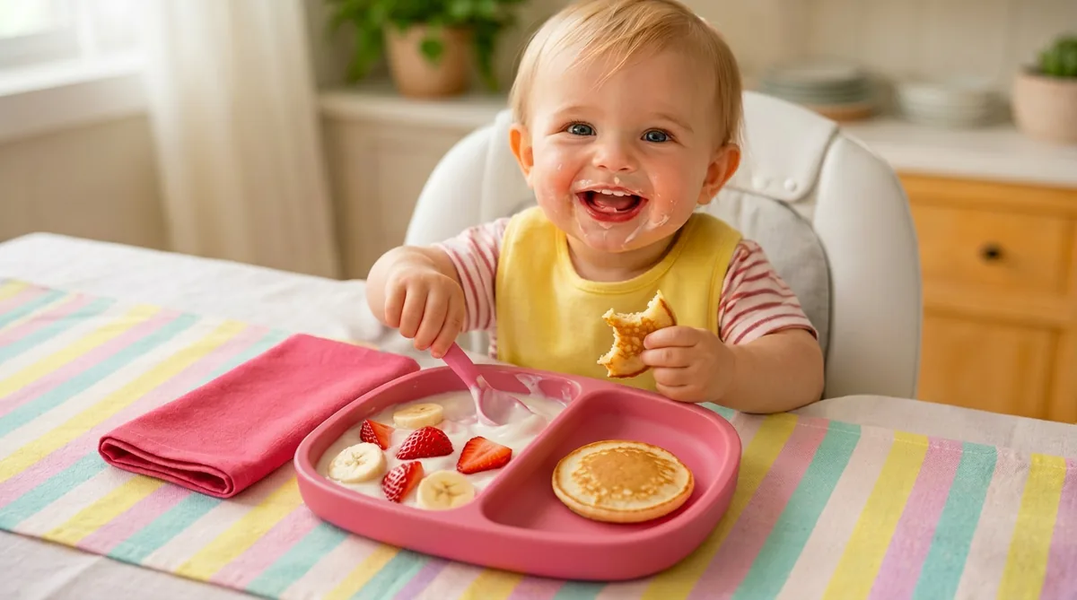 Bebê sorrindo na cadeirinha com prato de café da manhã com panqueca, iogurte e frutas