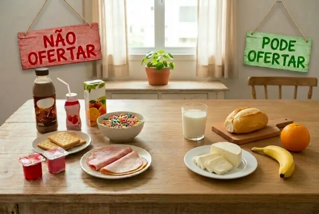 Mesa com alimentos separados entre o que pode e o que não deve ser oferecido no café da manhã do bebê de 1 ano