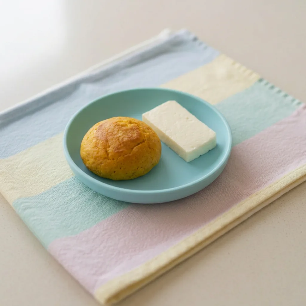 Pão de abóbora caseiro com queijo branco em prato azul para o café da manhã do bebê de 1 ano