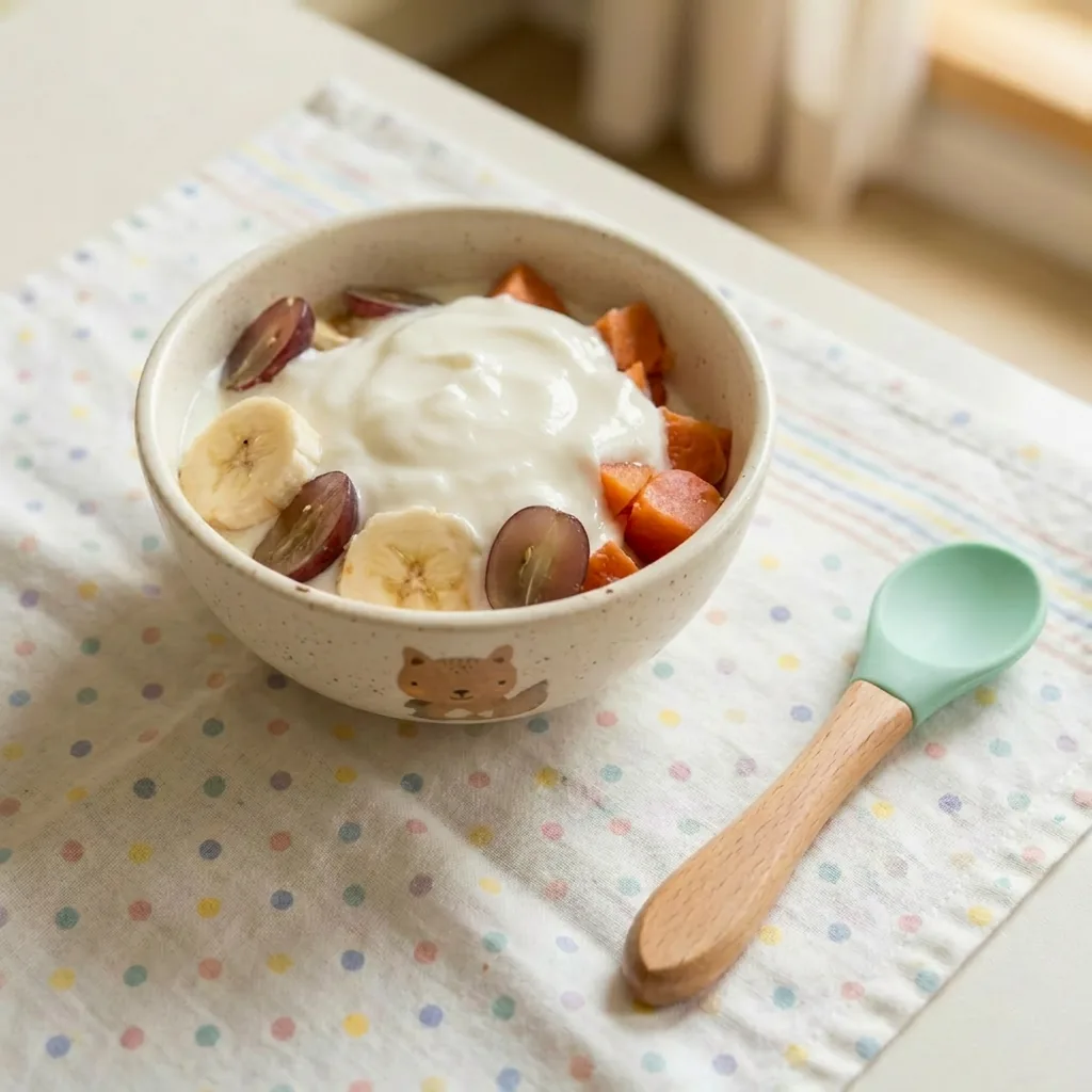 Tigela infantil com iogurte natural, banana, uva e mamão para o café da manhã do bebê de 1 ano