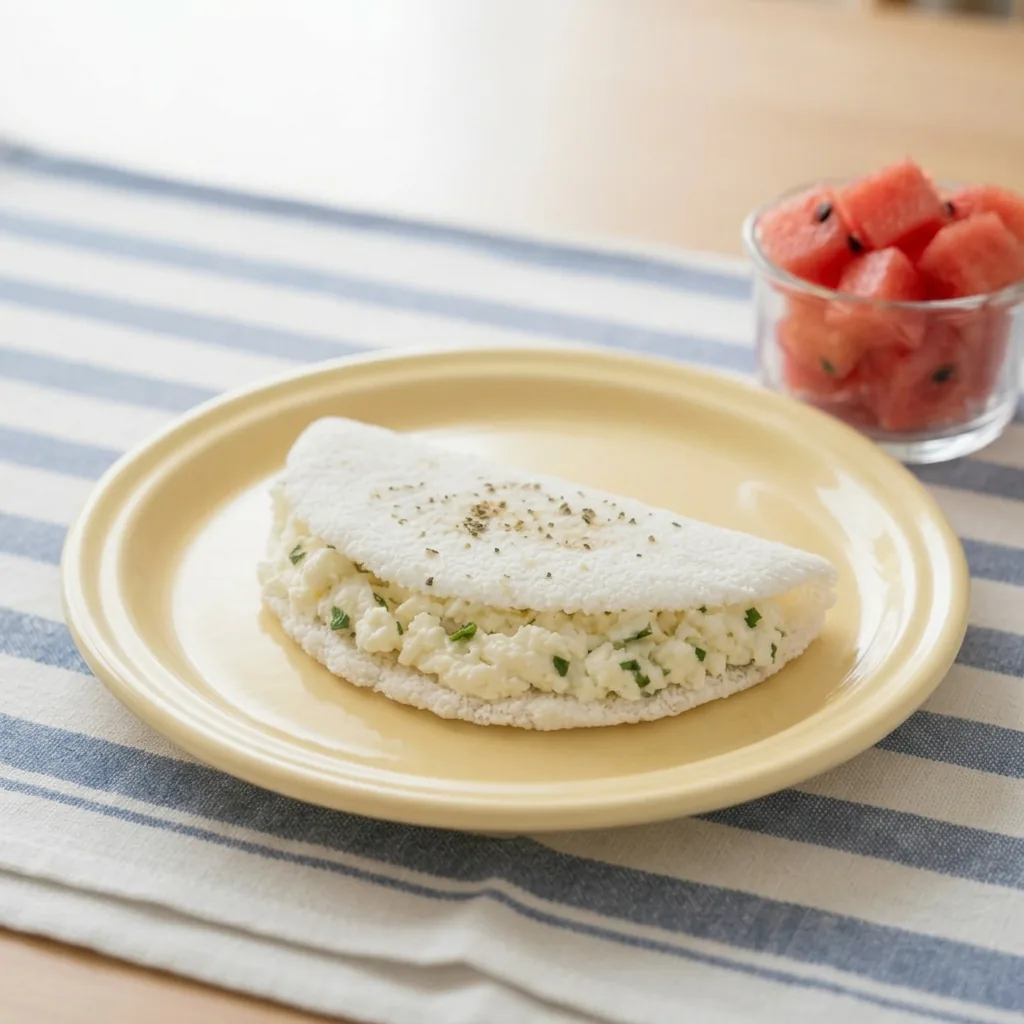 Tapioca recheada com creme de ricota caseiro em prato amarelo com melancia picada ao lado para bebê de 1 ano