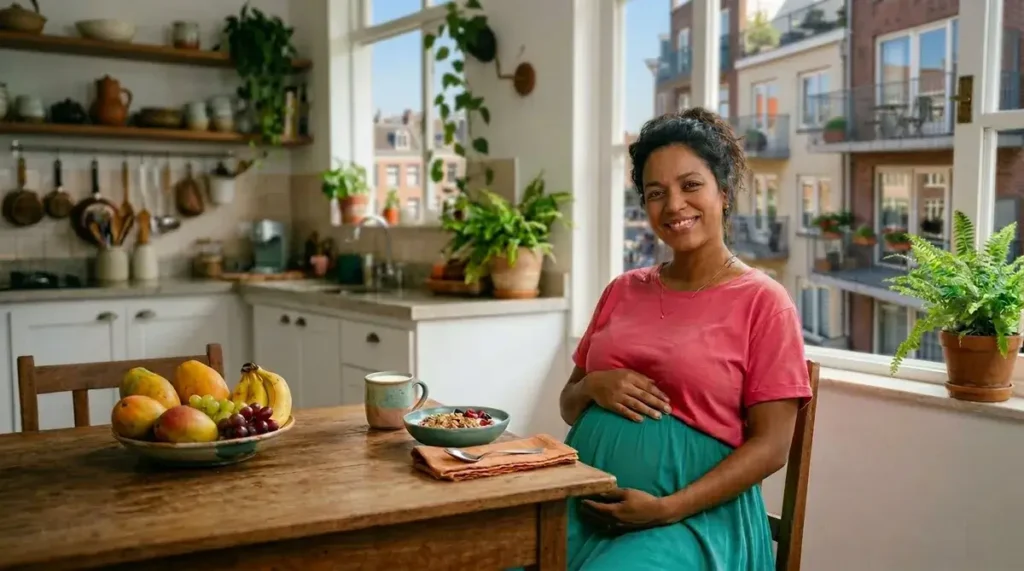 Mulher grávida de gêmeos preparando refeição saudável na cozinha — alimentação na gestação gemelar