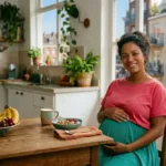 Mulher grávida de gêmeos preparando refeição saudável na cozinha — alimentação na gestação gemelar